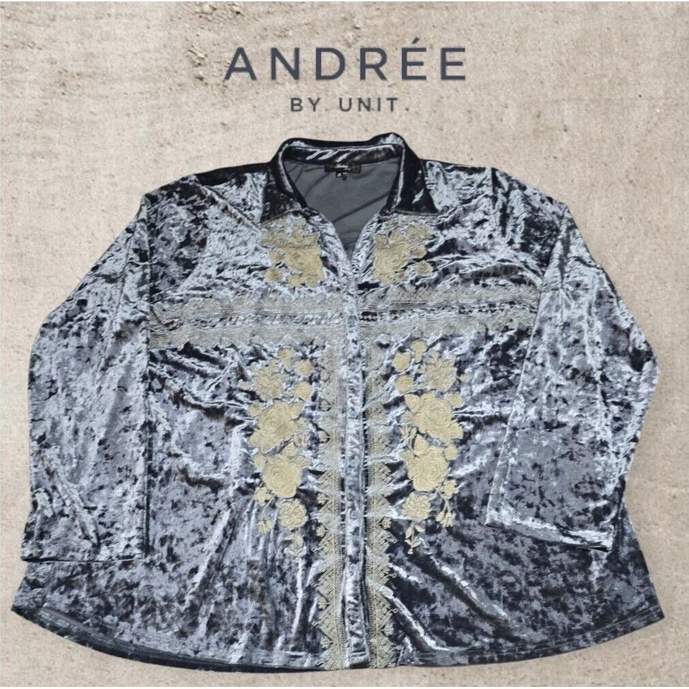Andree By Unit Button Down Womens Floral Embroidered Crushed Velvet Blue 2x